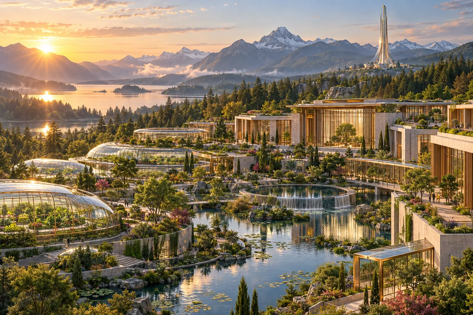 Koncepcja ziemskiej Arki: ogrody, szklarnie, woda i krajobraz