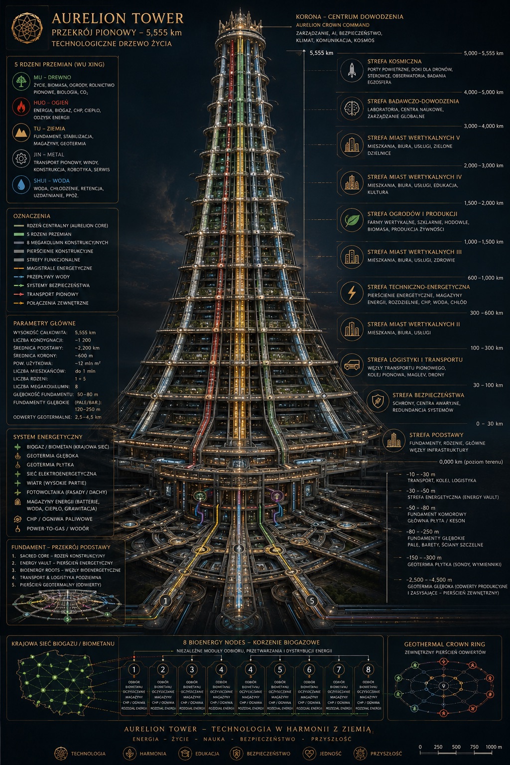 Przekrój AUREXLION Tower — Strefy życia, miast pionowych, energii, badań i logistyki
